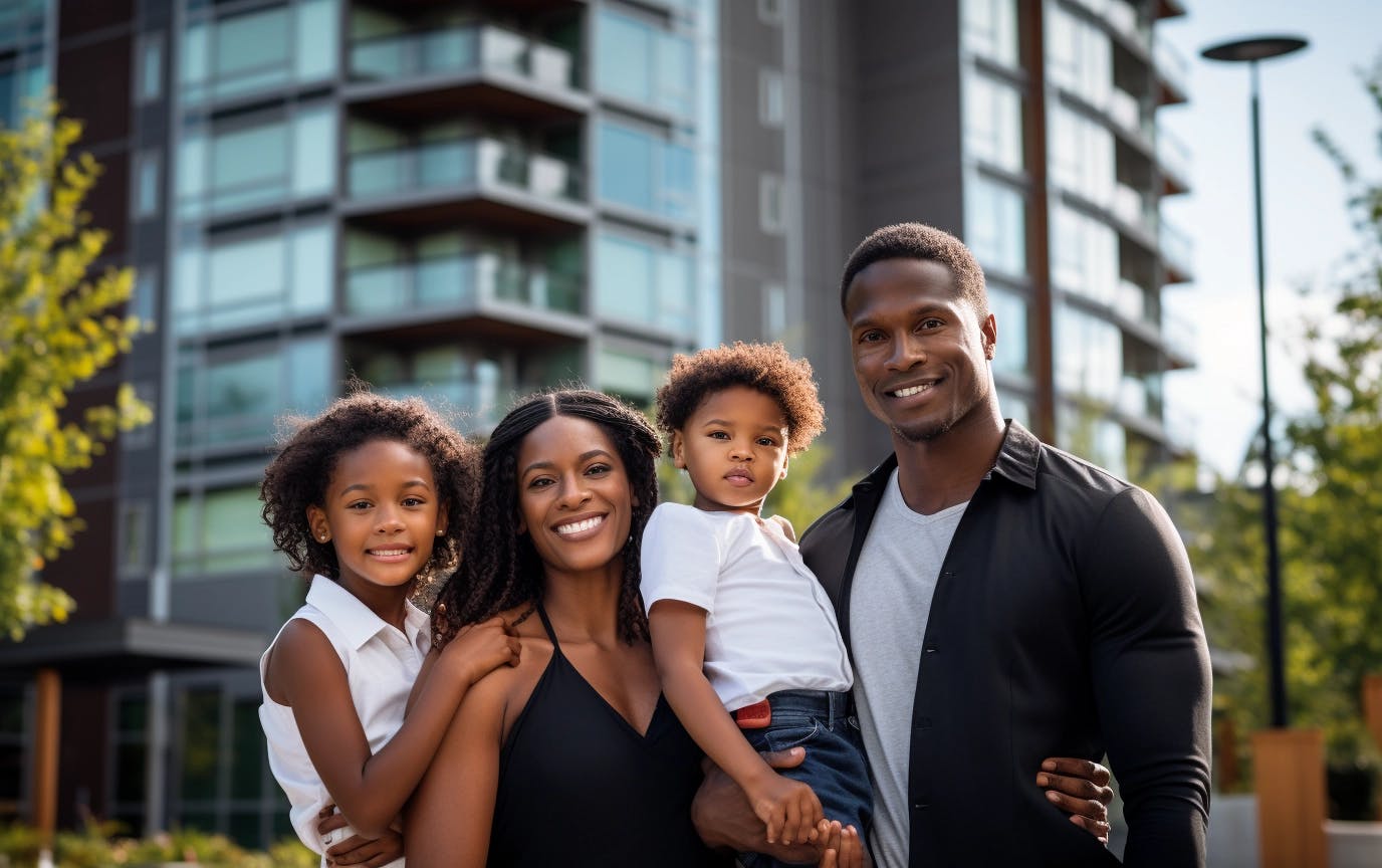 black family in front of an apartment