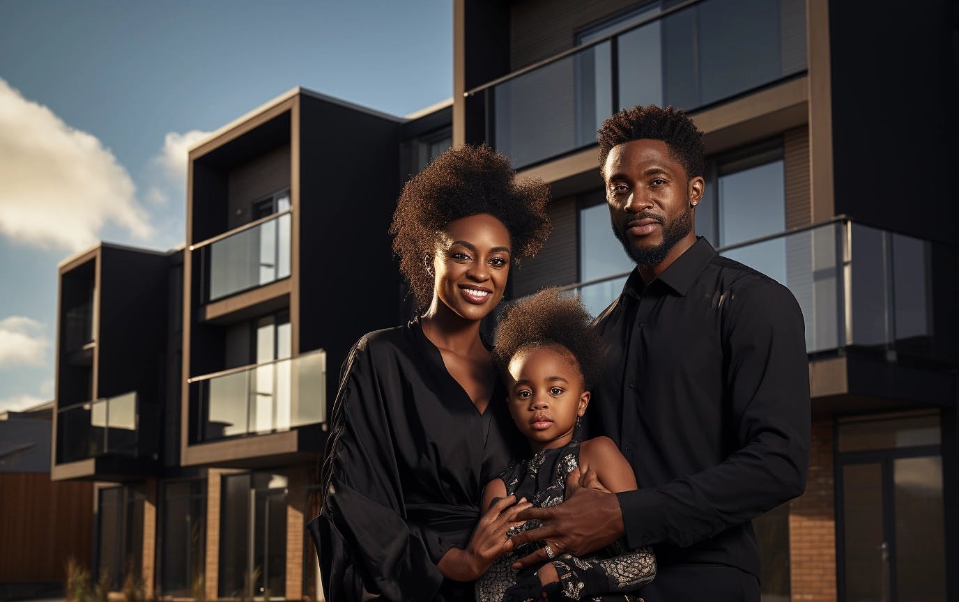 black family in front of apartment