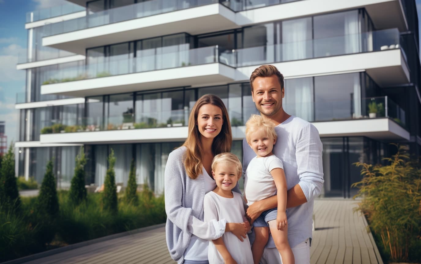 family in front of apartment